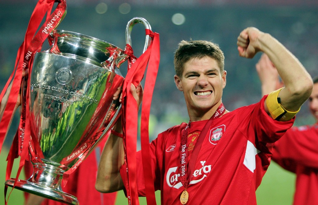 Steven Gerrard lifting Champions League Trophy